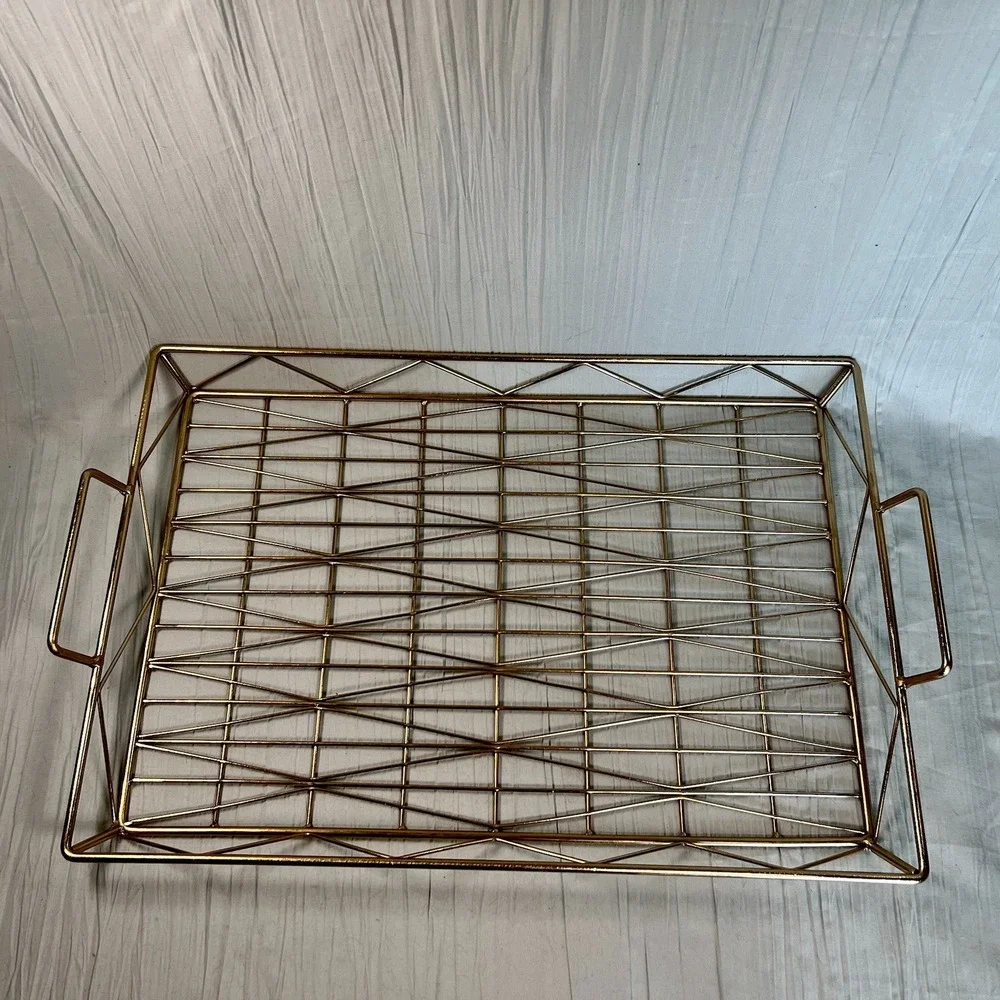 Brass Gold Tone Tabletop Diamond Pattern Tray Handles 19 X 13